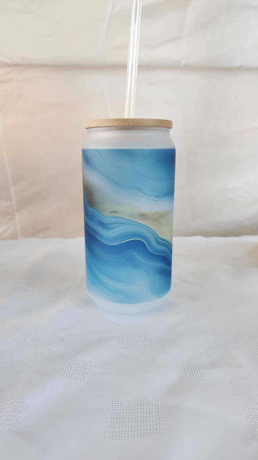 16oz Glass with bamboo lid - Blue Marble