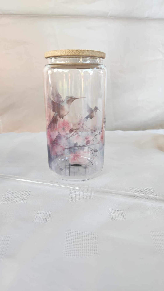 16oz Glass with bamboo lid - Hummingbird